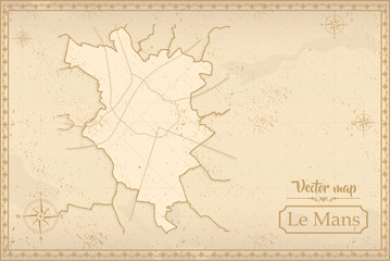 Fototapeta premium Map of Le Mans in the old style, brown graphics in retro fantasy style. city in France.