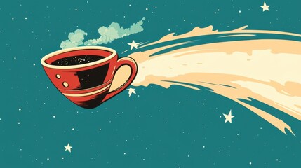 A playful coffee cup-shaped spacecraft zooms through space, leaving a trail of steam behind it