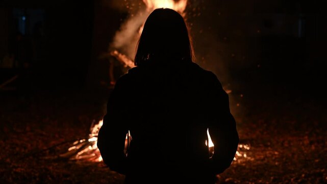 Back lit silhouette of adult female person looking on bonfire pyre at night, pyromania concept, 4K slow motion