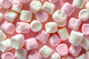 A background of delicious, puffy pink and white marshmallows viewed from the top