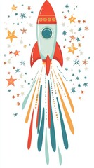 A joyful rocket ship takes off into space, leaving a trail of colorful stars and sparkles behind