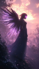 female fae silhouette with purple wings under a mystical twilight sky