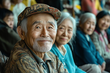 Fototapeta premium Portrait of a smiling old Chinese man at a community gathering, looking at camera. A group of senior people enjoying meeting and socializing at a peaceful outdoor location.