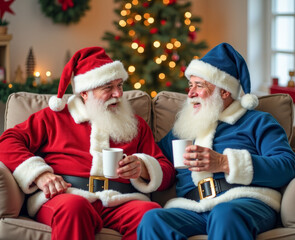 two Santa Claus in a red and blue suit are sitting on the sofa drinking coffee