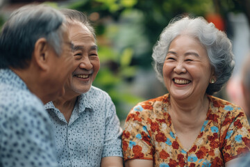 Fototapeta premium Three elderly people, man and woman, share joyful laughter and smiles while seated in a colorful garden filled with greenery. Senior Asian American friends enjoying laughter together outdoors.