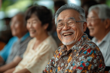 Senior Asian man smiling joyfully during a community gathering. Old Chinese man with glasses laughs heartily among friends at a lively outdoor event, showcasing community spirit.
