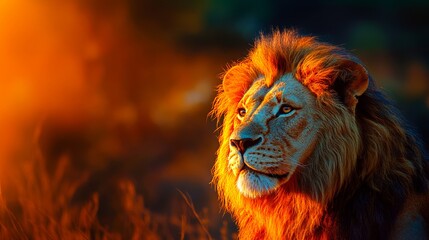 Naklejka premium Male lion with a golden mane gazes thoughtfully at sunset in a vibrant savannah.