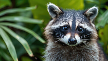 Curious raccoon peeking through foliage in a green forest
