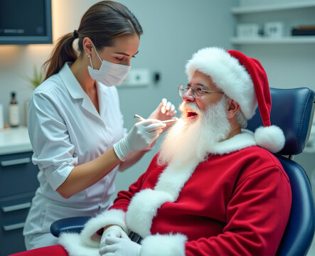 Santa Claus treats teeth at the dentist's clinic