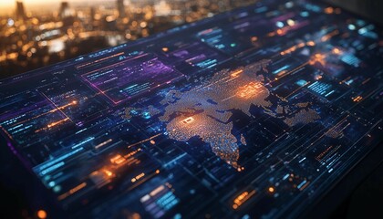 Remote Work Sync in 2024,  global team working from different time zones, connected through holographic screens showing real-time project status,