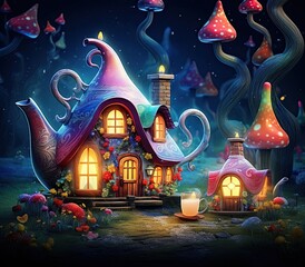 Fantasy mushroom house with glowing lights background