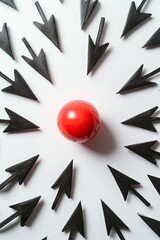 red Sphere Surrounded by Black Arrows on White Background