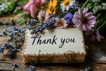 Rustic Thank You Card, Surrounded By A Bouquet Of Wildflowers