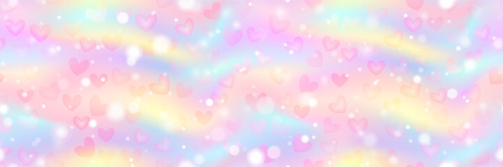 Fantastic sweet pink seamless pattern with hearts and bubbles. Candy unicorn bg with bokeh effect. Watercolor rainbow in pastel sky. Princess gradient background. Abstract vector wallpaper. © Kusandra