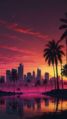 Bright synthwave scene with palm trees and sunset behind a futuristic skyline.