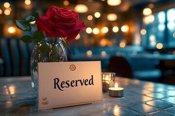 Handwritten Reserved Card Propped Up On A Table With A Rose In A Vase