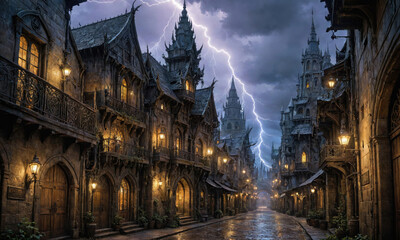 Fototapeta premium A lightning storm illuminates the cobblestone streets of a medieval village, casting an eerie glow on the tall, gothic buildings