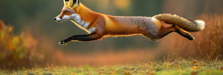 Fototapeta premium Wildlife Action Shot of Red Fox Leaping in Autumn Woods