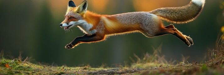 Fototapeta premium Wildlife Action Shot of Red Fox Leaping in Autumn Woods