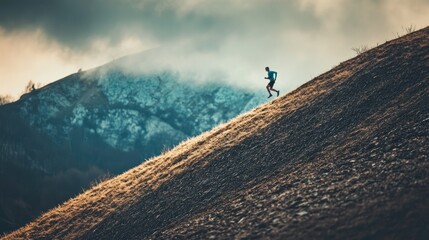 Obraz premium High-detailed photograph of a runner climbing a steep hill, showcasing effort and detailed terrain