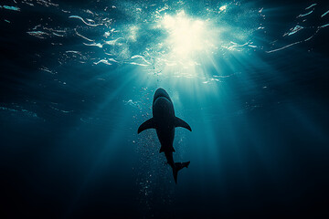 Obraz premium Shark swimming underwater in the ocean with sunlight filtering through the blue sea in a serene marine habitat