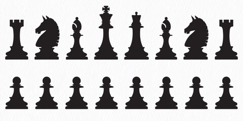Illustration of six chess pieces (Pawn, Rook, King, Queen, Knight, Bishop), ideal for 
strategy, games, and design projects