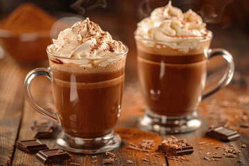 Delicious hot chocolate topped with fluffy whipped cream served in elegant glass cups