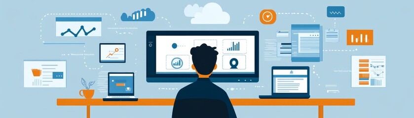 A person analyzes data on multiple screens, surrounded by graphs, charts, and digital interfaces, showcasing a tech-savvy workspace.