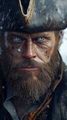 Rugged pirate captain with piercing blue eyes and a weathered appearance