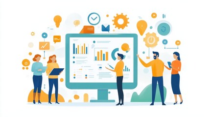 A group of professionals analyzes data on a large screen, surrounded by various icons representing analytics, charts, and teamwork.