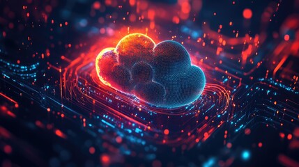 Obraz premium Futuristic network visualization with a stylized cloud logo amidst a web of advanced data streams