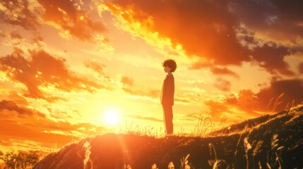 Obraz premium The protagonist reflects on their journey as the sunset paints the sky in warm golden hues