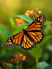 Beautiful orange monarch butterfly with colorful wings in a vibrant garden full of nature's flowers