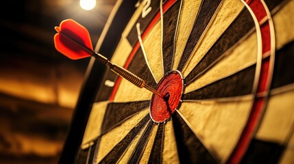 Detailed shot of a dartboard with a dart precisely hitting the target center, illustrating business success