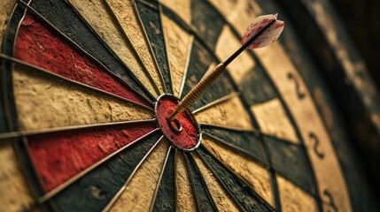 Detailed shot of a dartboard with a dart in the exact center, illustrating successful business targeting