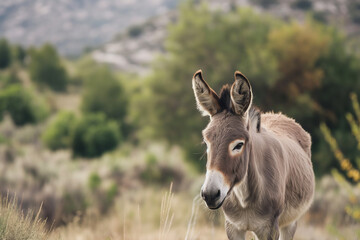 Obraz premium Portrait of a brown donkey with large ears standing in a green pasture in the summer countryside