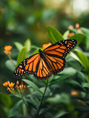 Obraz premium Colorful monarch butterfly with orange wings in a vibrant garden, showcasing nature's delicate elegance