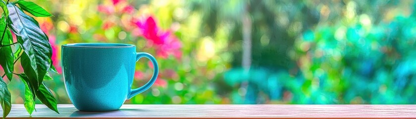 Obraz premium A serene blue cup on a wooden table with vibrant garden background.