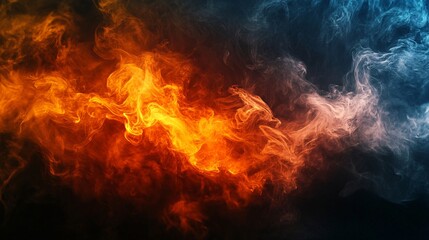 Abstract fiery orange and blue smoke swirls on a black background.
