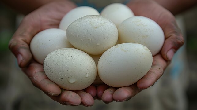 Two dirty hands holding freshly harvested white eggs outdoors, emphasizing the organic farming process, showing a natural, rustic lifestyle, and the connection between humans