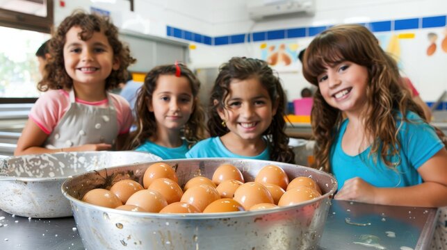 Four young girls standing around a metal bowl filled with brown eggs in a kitchen environment, smiling and learning together, creating a joyful and fun atmosphere during an egg-based cooking activity.
