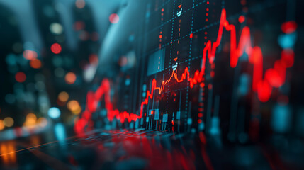 Stock market chart showcasing financial graphs and data with red growth indicators for investment.