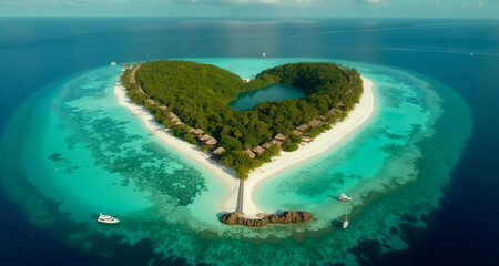 Une &icirc;le paradisiaque bord&eacute;e de sable fin, o&ugrave; l'eau turquoise rencontre des palmiers majestueux sous un soleil &eacute;clatant.