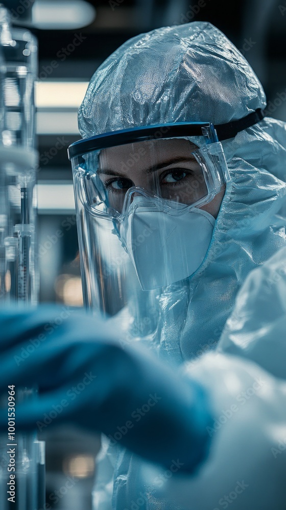 Poster a woman in a lab coat and a mask is looking at something