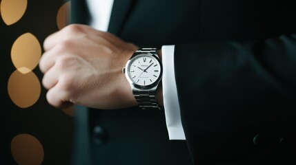 Close-up of a man's wrist wearing a luxury watch, adjusting his suit. Concept of sophistication, professionalism, and time management.