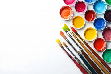  Colorful Paint Jars with Brushes on Vibrant Watercolor Strokes