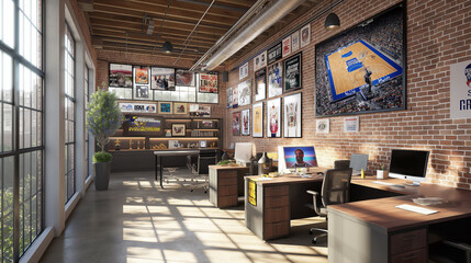 Sunlit modern office interior with brick walls, desks, windows, and posters showcasing technology