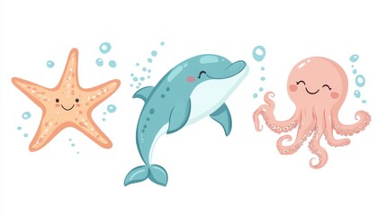 Bright and playful clipart showcases a smiling starfish, a joyful dolphin, and a happy octopus