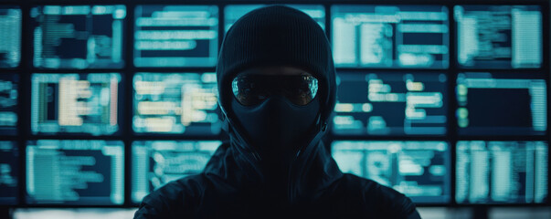 masked hacker stands confidently in front of multiple screens displaying complex data, embodying essence of modern cybercrime. atmosphere is tense and mysterious, highlighting world of digital