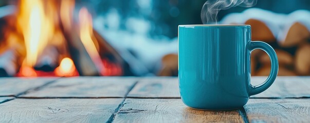 Warm cup of coffee on a wooden table by a cozy fire in a winter setting.